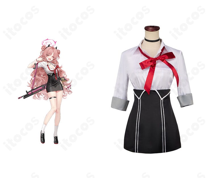 ブルーアーカイブ 夜桜キララのコスプレ衣装とキャラクター合成。正面全身とリボン・チョーカーの再現度が分かる比較ビジュアル。