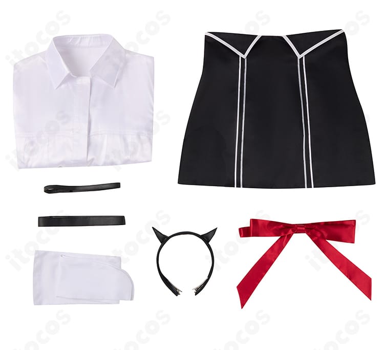 夜桜キララ コスプレ衣装のセット内容一覧。シャツ、スカート、リボン、カチューシャ、チョーカー、太もも飾り、靴下が並ぶ確認用画像。