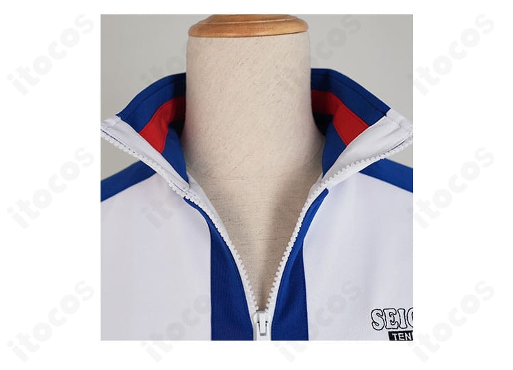 テニスの王子様 越前リョーマ 青春学園ジャージ 襟元ディテール。ジップとカラー切替の近接