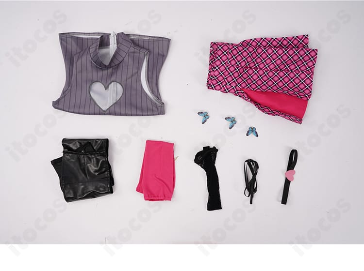 セット内容一覧：トップス、スカート、コルセットベルト、髪飾り、アームカバー、太もも飾り、網タイツを並べた構成写真。