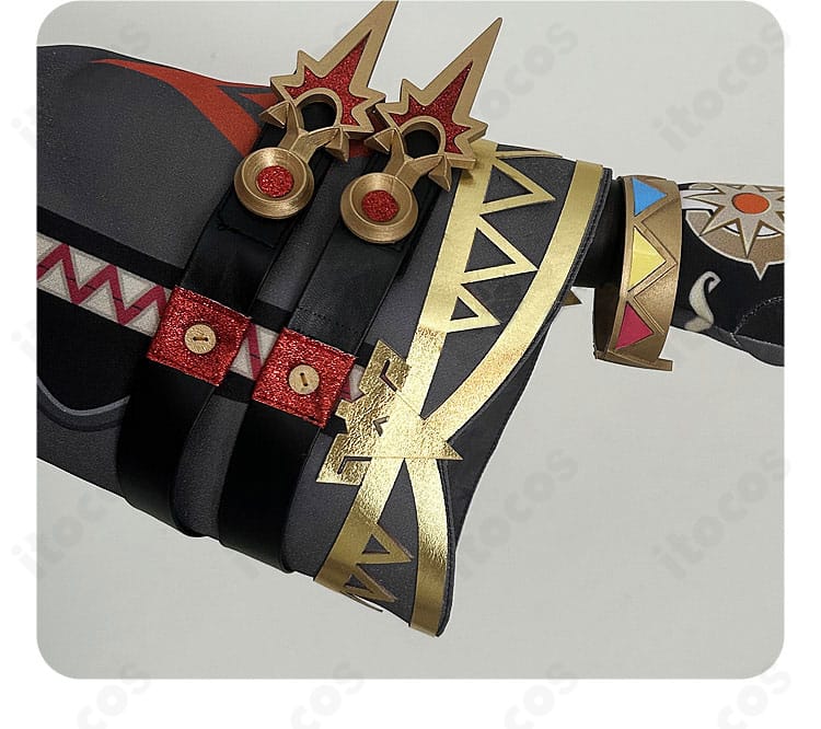 マーヴィカ 炎神コスプレ衣装・袖の刺繍詳細。独特のパターンが世界観を強調。