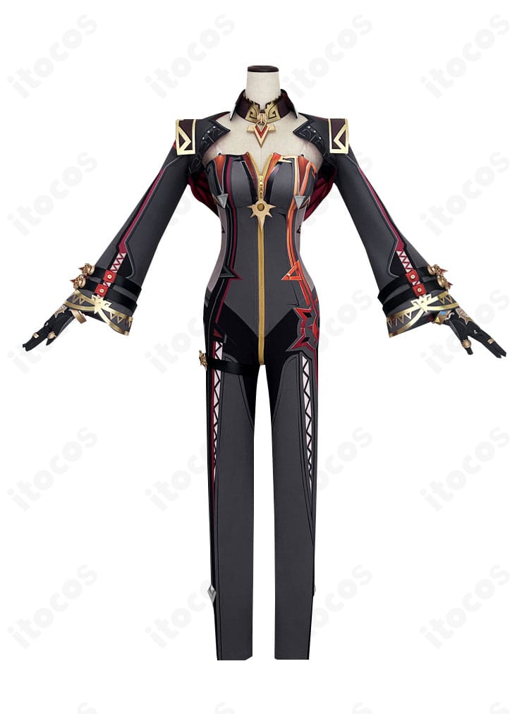 原神 マーヴィカ 炎神コスプレ衣装の正面全体。胸元の刺繍と金色モチーフが映えるデザイン。