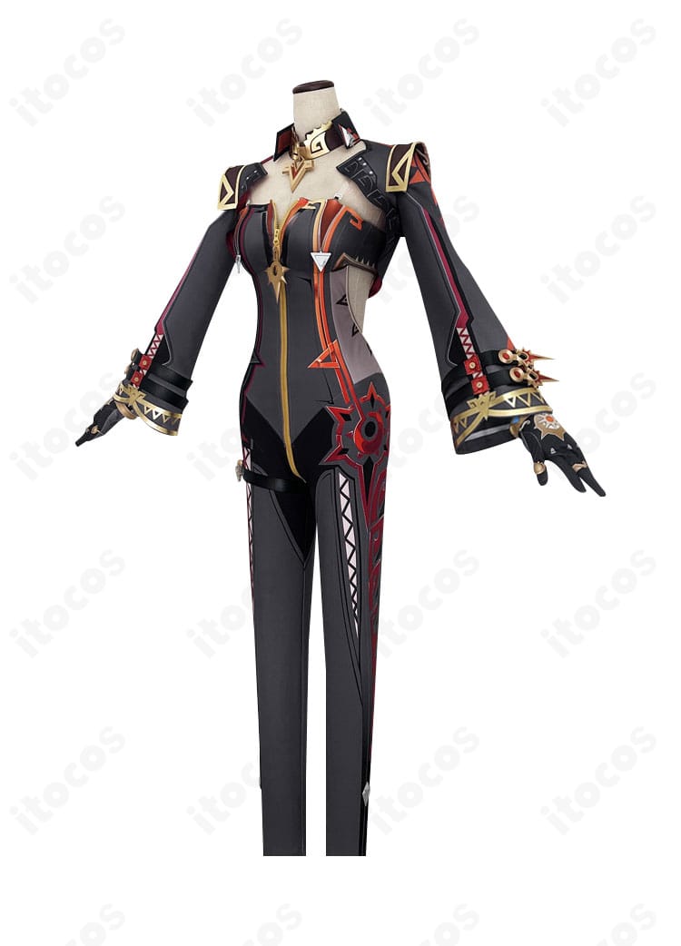 原神 マーヴィカ 炎神コスプレ衣装の側面。立体装飾と体のラインに沿うフィット感を確認できる角度。