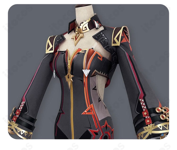 マーヴィカ 炎神コスプレ衣装・上衣装飾のクローズアップ。精緻な刺繍と金色の意匠が特徴。