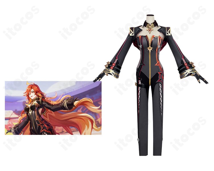 原神 マーヴィカ 炎神コスプレ衣装の正面＋キャラクター比較。豪華刺繍と金色装飾で炎神バージョンを高再現。