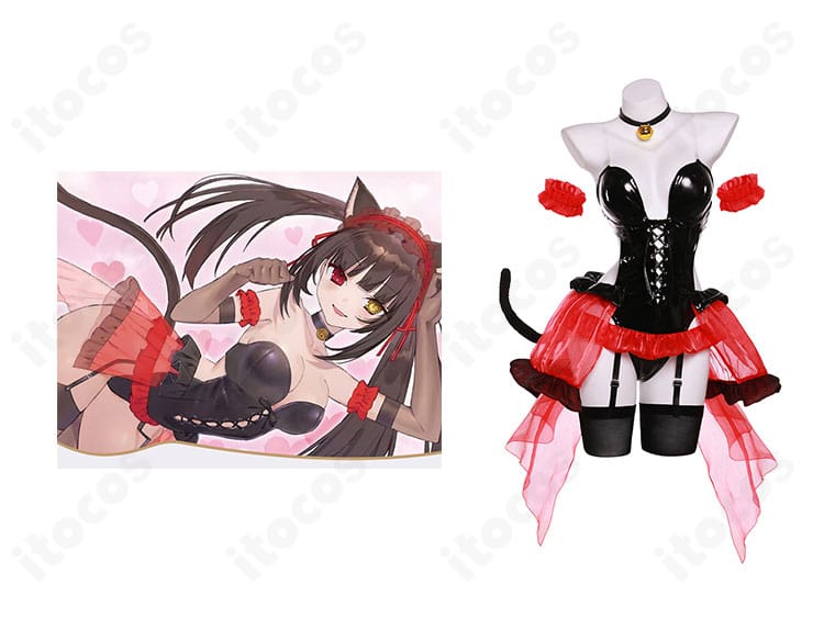 『デート・ア・バレット』時崎狂三 猫耳コスプレ衣装の正面全体。レオタードとオーバースカートで高再現のゴシックシルエット。