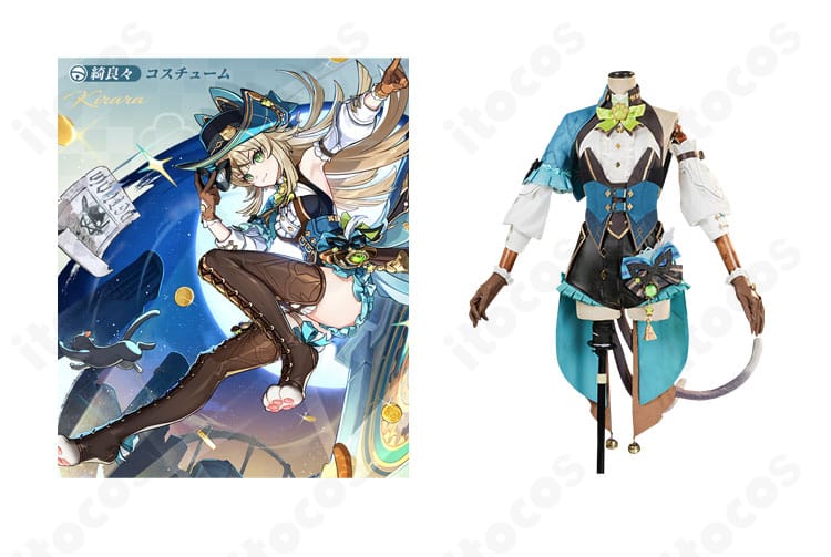 商品正面と綺良々「麗しき怪傑」コスプレ衣装の組み合わせ画像。原神の綺良々を高再現するフルセットの全体イメージ。