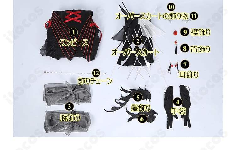 『星海の迷夢』コスプレ衣装のセット内容一式。ワンピース、オーバースカート、各種アクセ・手袋を並べて展示