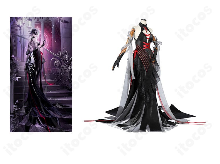 無期迷途 デレーヤ『星海の迷夢』衣装の正面全身とキャラクター比較。特徴的な装飾とシルエットを強調したコラボ風画像