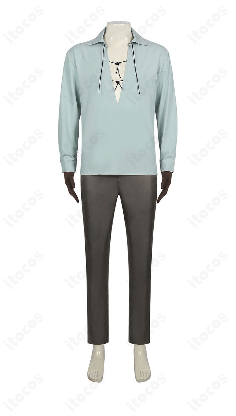 正面からの詳細。クエスティオン＝アドニス衣装のトップス・ボトムのシルエットと質感