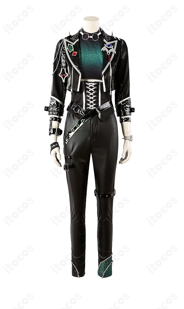 逆先夏目 イービルTELEPHONE衣装の正面ディスプレイ。精巧な縫製と質感が伝わるコート・タンクトップ・ベルトの構成。