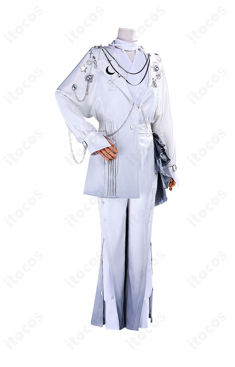 プロセカ 東雲彰人 エイプリルフールver. コスプレ衣装の正面デザイン。コートとジャンプスーツの配色と装飾配置が分かる。