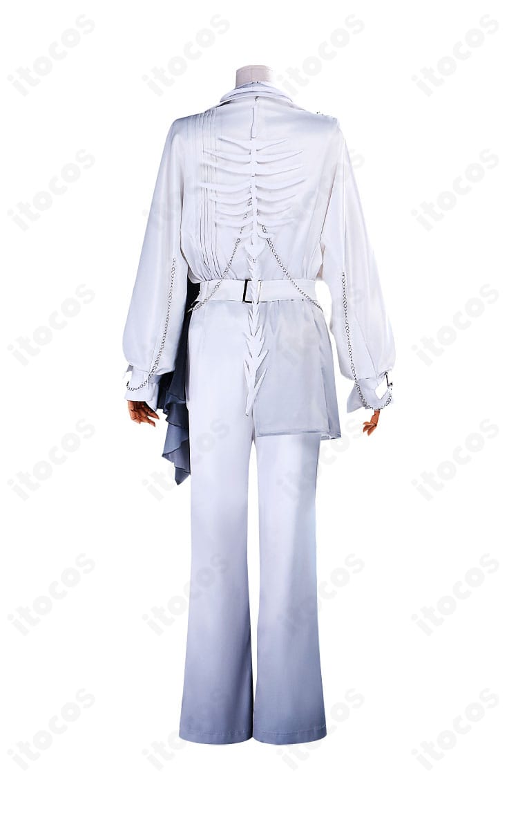 プロセカ 東雲彰人 エイプリルフールver. コスプレ衣装の背面。バックパネルと装飾の配置、コートの裾ラインを詳細表示。