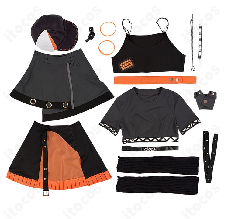 セット内容一覧。帽子、キャミソール、トップス、スカート、オーバースカート、ネックレス、ベルト、手首飾り、リボン、レッグカバー、膝下飾りを表示。