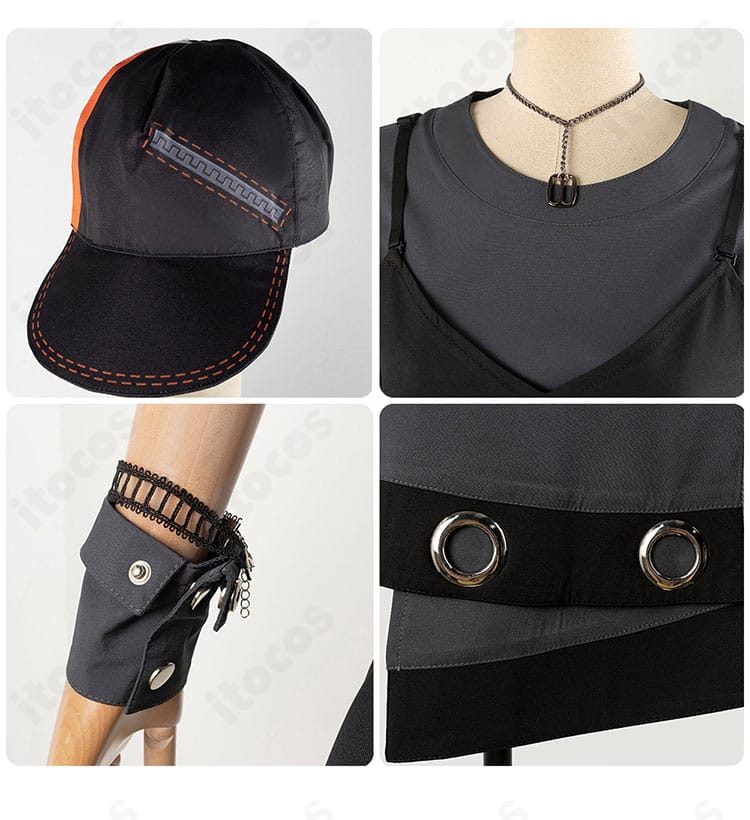 帽子・手首飾り・ネックレスの小物セット。アクセサリーのデザインと質感が分かる。