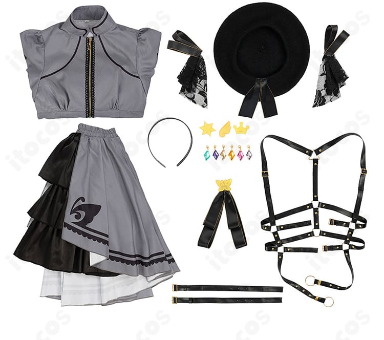 セット内容展示｜トップス、スカート、ベルト、リボン、腕ベルト、帽子、髪飾り、カチューシャの同梱一式を並べたイメージ