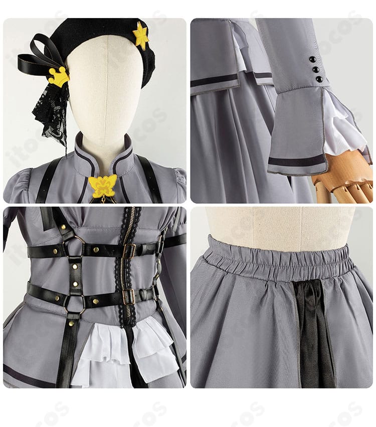 肩袖・腰部・群頭装飾の寄り｜ショルダーの切り替え、腰リボン、頭部アクセの素材感と縫製を詳細に確認できるディテールカット