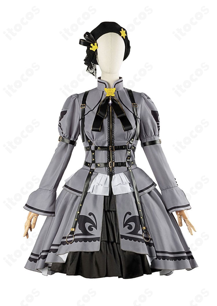 商品正面画像｜5周年記念MV衣装「夢にかけるRainbow」コスプレのフロントビュー。トリム配色とリボン位置、胸元ディテールが分かる