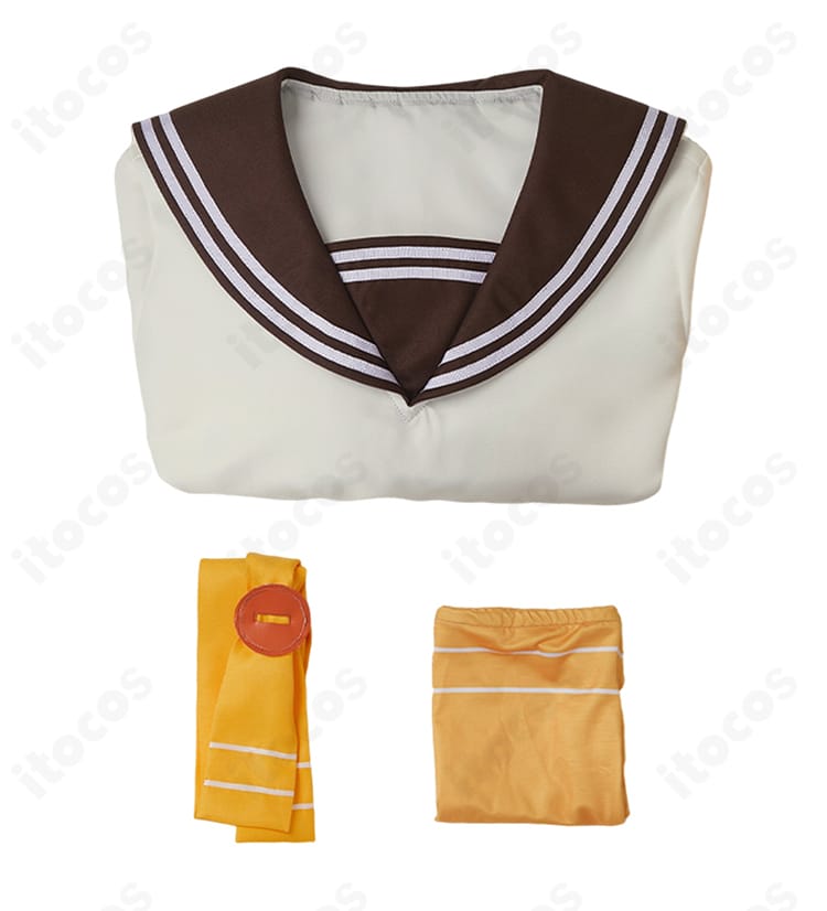 温水佳樹コスプレ衣装のセット内容一覧。ワンピース・スカーフ・靴下が揃ったレイアウト写真。