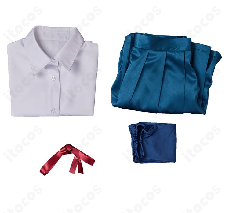 セット内容の一覧画像。シャツ・スカート・リボン・靴下の4点セットを一目で確認。