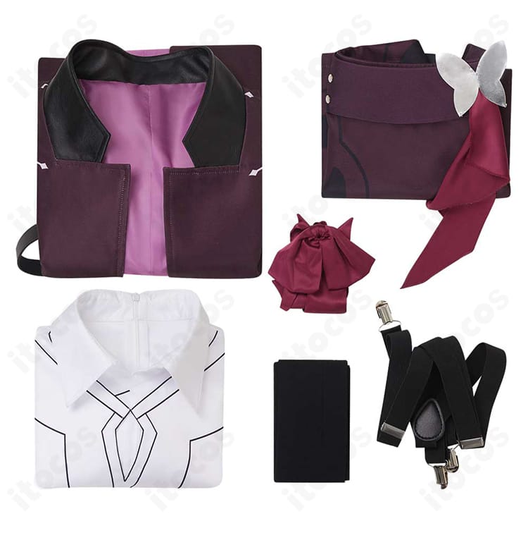 セット内容の展示。コート、シャツ、スカーフ、靴下、サスペンダーの5点を並べた構成写真。