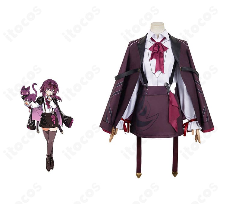 崩壊：スターレイル カフカ ちびネコシリーズのコスプレ衣装。商品正面とキャラクタービジュアルで、クールなロングコートの再現度を示す画像。