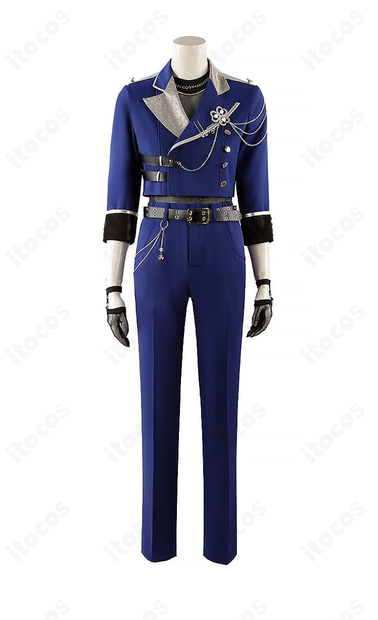 KAITOコスプレ衣装の正面全体。コートとインナーのレイヤー、胸元の飾り物まで見える忠実再現のセット内容。