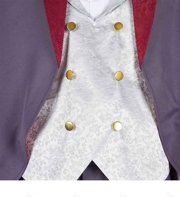 ミスルン 吸血鬼 コスプレ衣装の門襟ディテール。刺繍と縁取りの意匠を強調したクローズアップ。