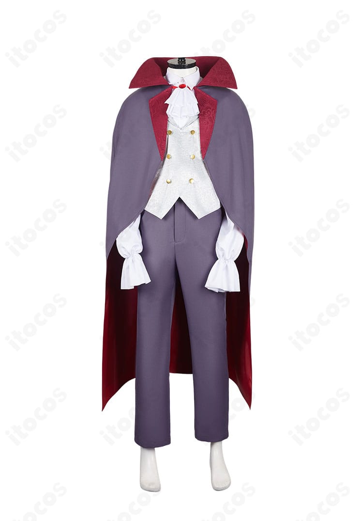 ダンジョン飯 ミスルン 吸血鬼 コスプレ衣装の正面全身。マントとスカーフが映える高再現デザイン。
