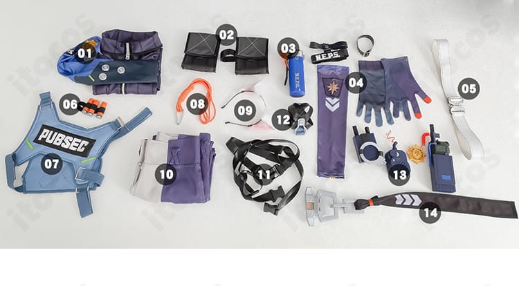 セス・ローウェル衣装 セット内容一覧。トップス・ズボン・各種アクセサリーが一望できる。