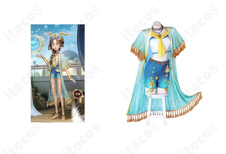 祭司（フィオナ・ジルマン）名誉首席のキャラクターイメージと衣装正面を並べた画像。配色と装飾を忠実再現したコスチューム。