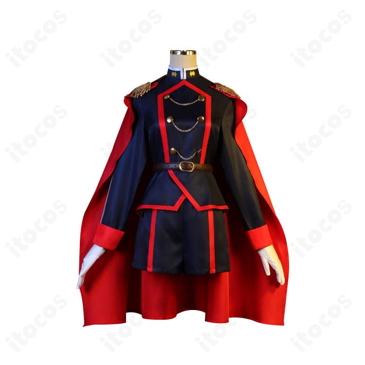 『魔都精兵のスレイブ』山城 恋のコスプレ衣装・正面全体。マントと上着の配色と装飾を高再現で表現。