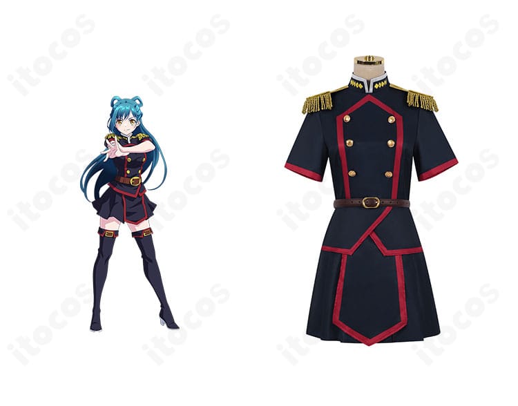 魔都精兵のスレイブ 東日万凛のコスプレ衣装をキャラクター画像と並置した正面カット