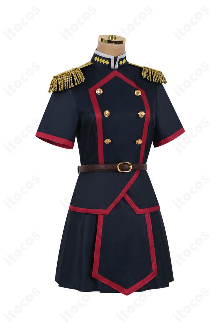 東日万凛 コスプレ衣装の側面図。ワンピースのシルエットとベルト位置のディテール