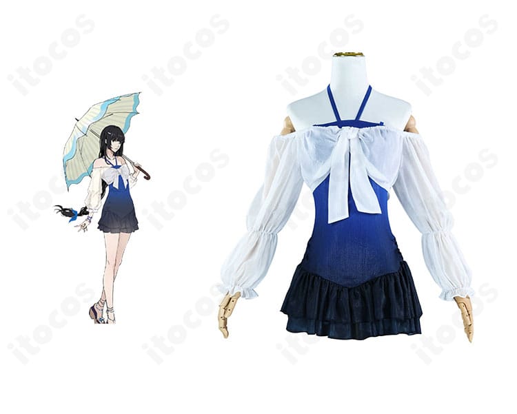 商品正面と多祢村理子の比較画像｜P5X水着コスプレ衣装の全体シルエットとカラー再現を確認できる構図