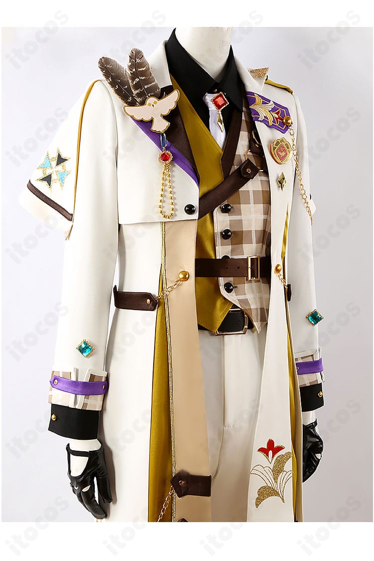 『あんさんぶるスターズ！！』羽風薫 インテリジェンス衣装の装飾クローズアップ。刺繍風意匠、バッジ、肩ベルト金具など精密な小物の質感が伝わる画像。