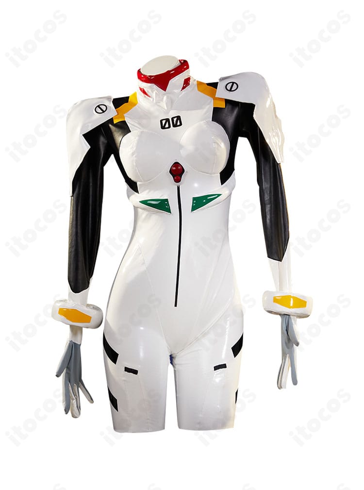 正面ディテール：綾波レイ プラグスーツ衣装のフロントデザイン。襟元から腰までのラインと発色が分かる全身画像