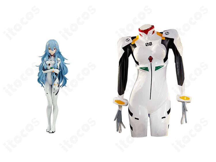 正面＋キャラクター比較：綾波レイ ロングヘアVer. プラグスーツ衣装の正面全体とキャラクター参考を並置し、配色と立体パーツの一致を示す画像