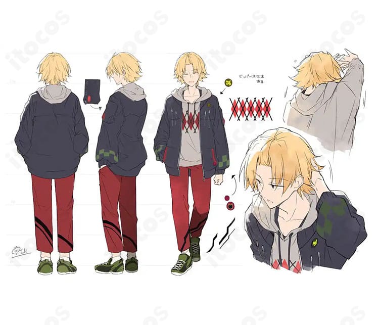 神田笑一のコスプレ衣装（コート・パーカー・ズボン）3点セット全身イメージ。にじさんじキャラクターの雰囲気を高再現で表現。