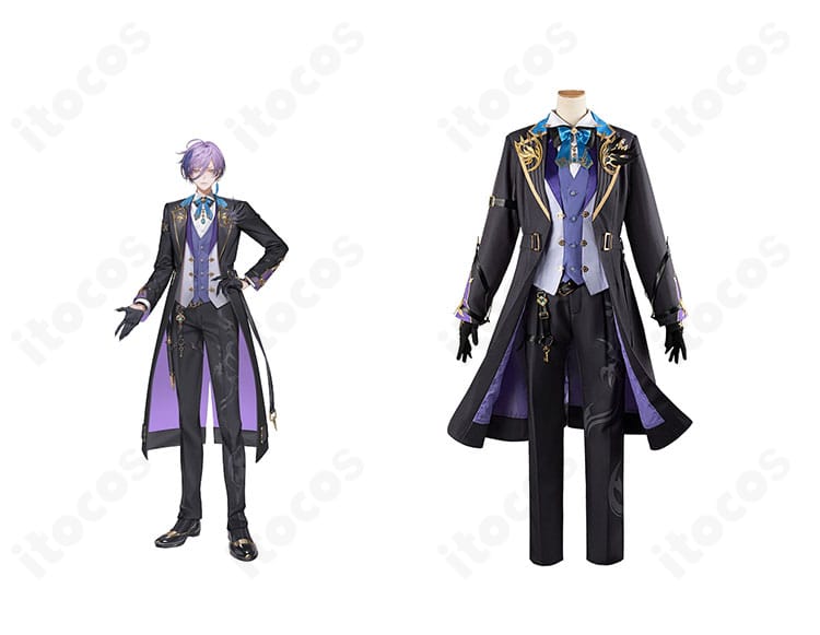 にじさんじ 榊ネスのコスプレ衣装・正面とキャラクター比較。コートとスカーフ、装飾位置を忠実に再現した全体像