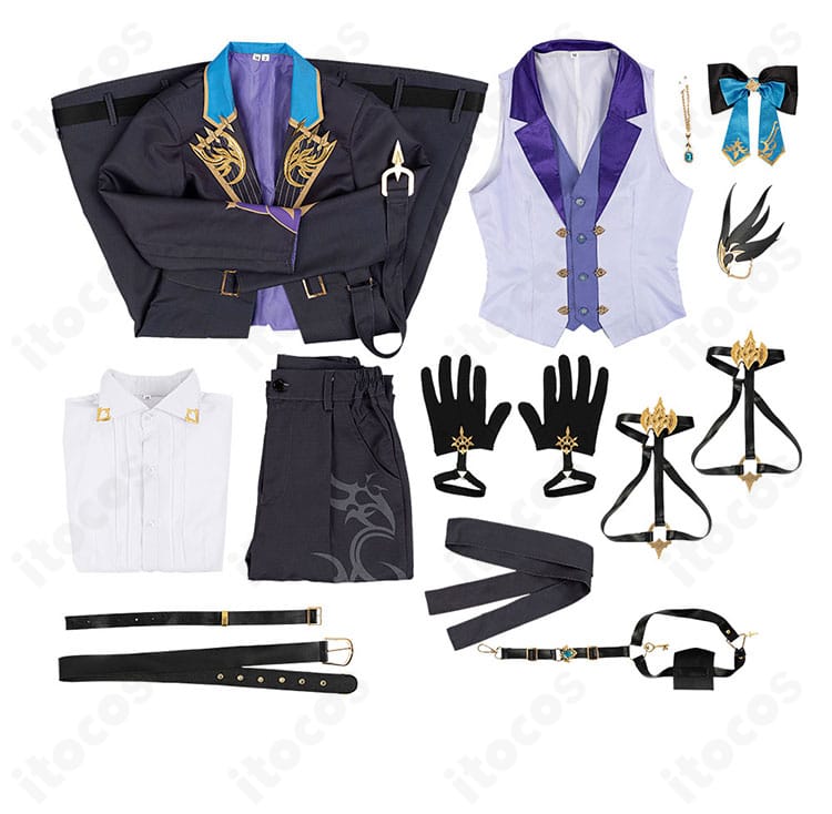 にじさんじ 榊ネス コスプレ衣装・セット内容一覧。コート、ベスト、シャツ、ズボン、小物一式を整然と配置