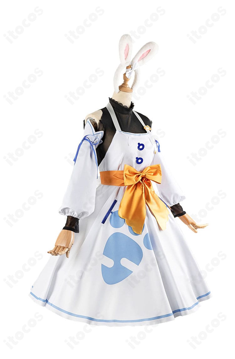 ホロライブ 兎田ぺこら ぺこらマミー コスプレ衣装の右側ディテール。腰の大きな蝶結びとシルエットラインを強調。