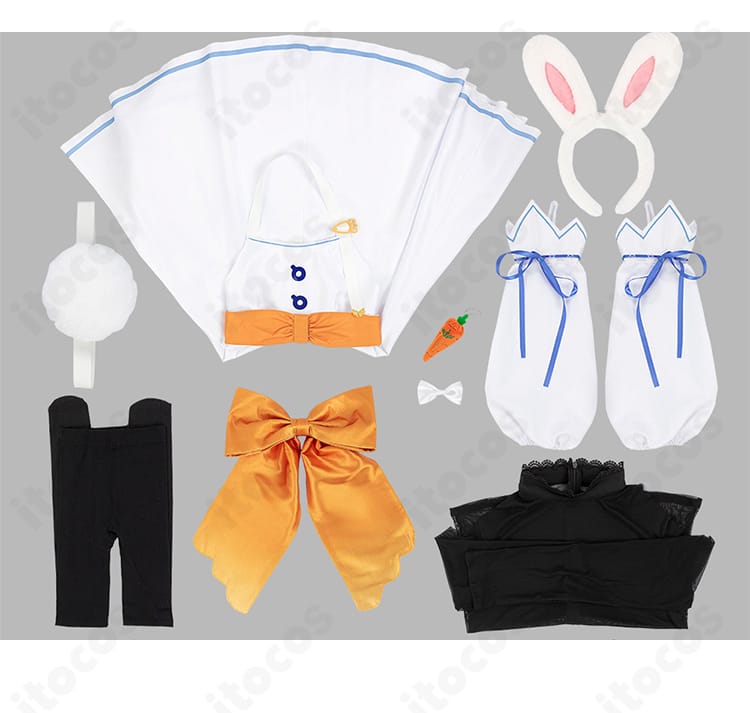 ホロライブ 兎田ぺこら ぺこらマミー コスプレ衣装のセット一覧。インナー、ワンピース、腰蝶結び、タイツ、カチューシャ、髪飾り、袖、尻尾が揃う。