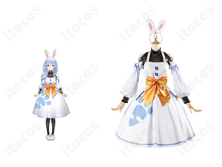 ホロライブ 兎田ぺこら「ぺこらマミー」衣装の正面とキャラクターイメージを並置した画像。うさ耳風アクセと腰リボンまで再現。