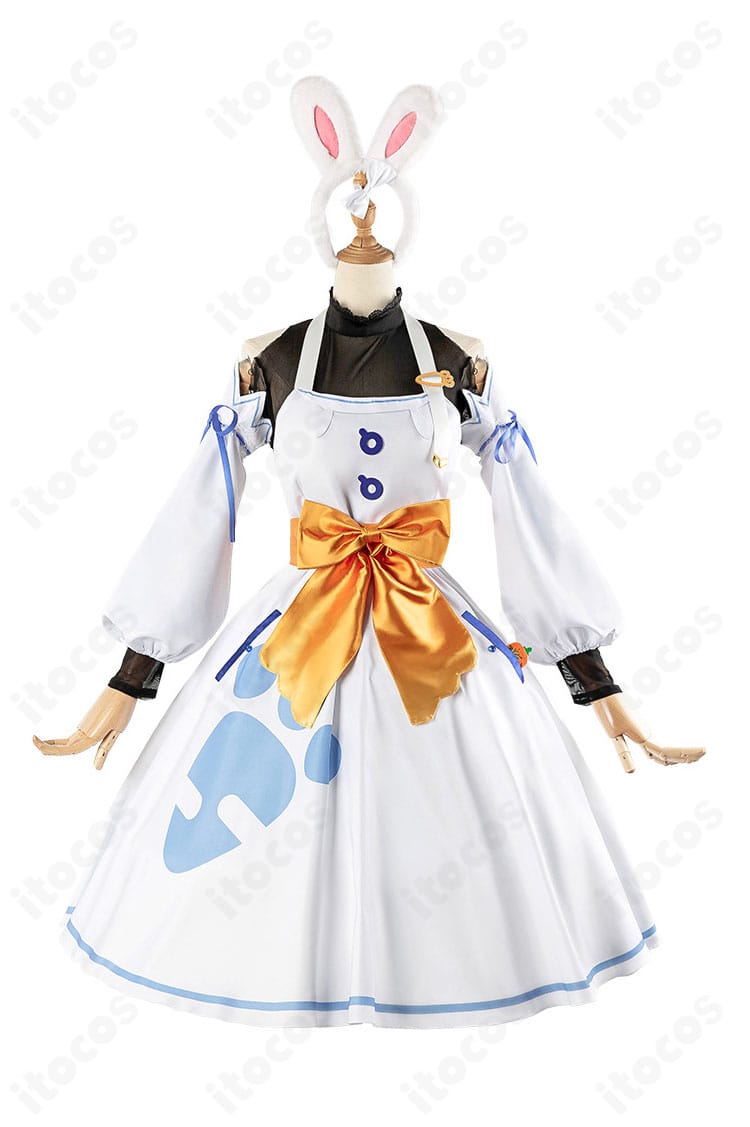 ホロライブ 兎田ぺこら ぺこらマミー コスプレ衣装の正面全体。ワンピースとタイツのコントラストが分かる高再現デザイン。