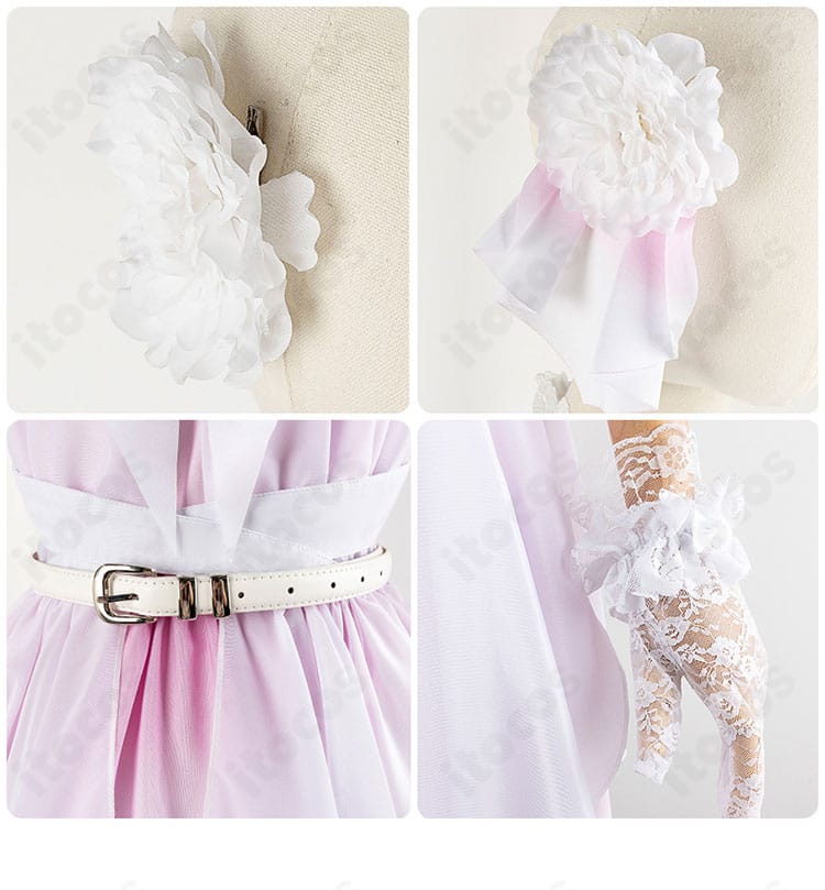 ヘッドアクセ・手袋・腰部装飾の近接写真：固定方式と質感が分かるアップ