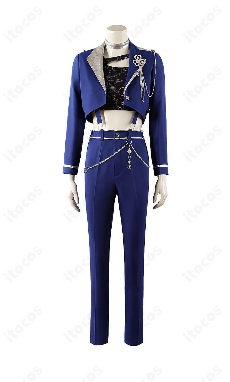 プロジェクトセカイ 日野森雫 コスプレ衣装の正面全体像。高発色のコートと胸飾り・チョーカーのディテールを強調。