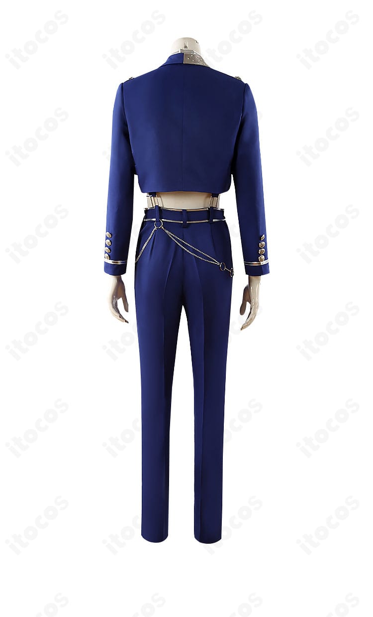 プロジェクトセカイ 日野森雫 コスプレ衣装の背面。バックスタイルのライン取りと飾りチェーンの配置を確認できる写真。