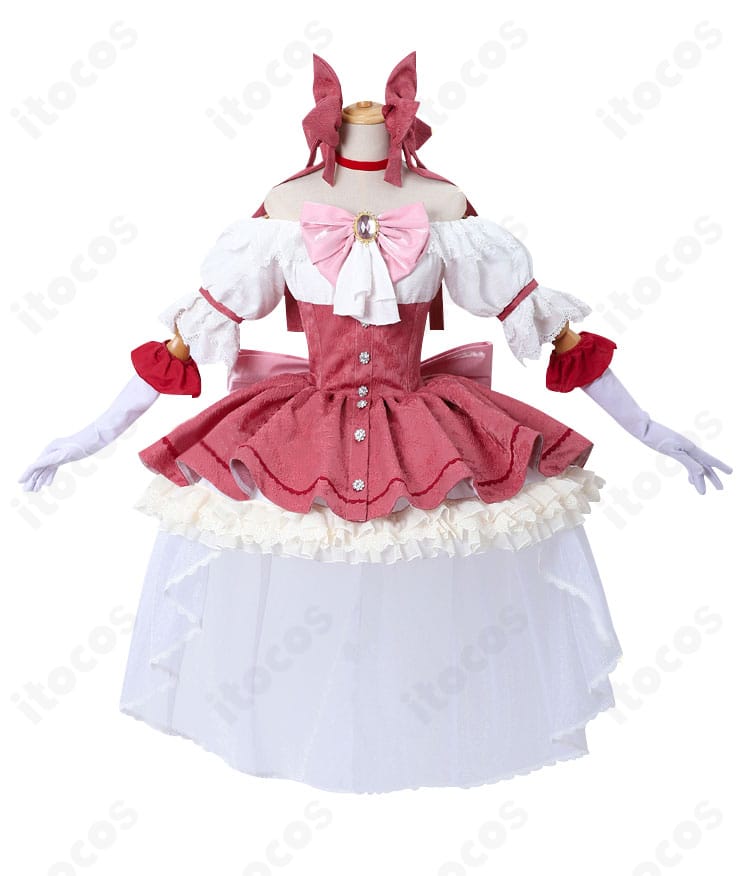 鹿目まどか 新衣装ドレスの胸元と背部の蝶結びディテール。優雅なリボン造形と縁取りの仕上げが分かるクローズアップ。