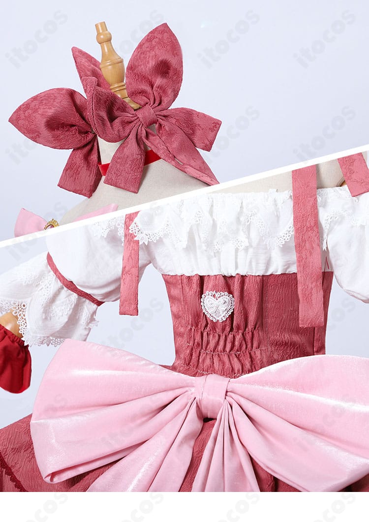 髪飾りと背面リボンの細部。髪飾りの形状と質感、蝶結びの表面感が分かるアップ。